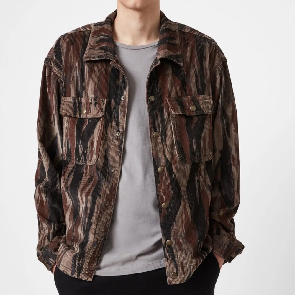 ALLSAINTS Men's Castleford Corduroy Brown Black Print Overshirt Jacket